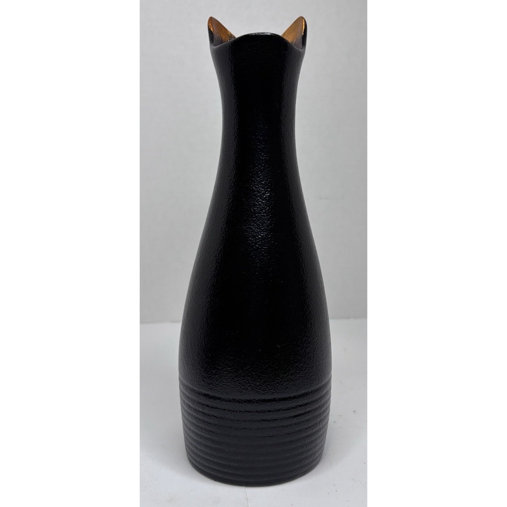 Cat Lady Box Black Cat Vase 9" Tall Gold Ears Ceramic Shiny Round Excellent